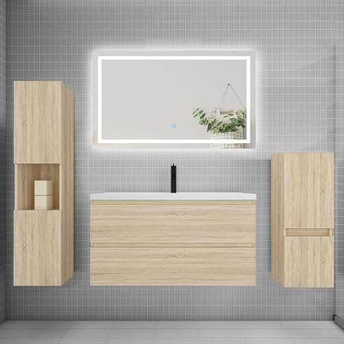 AICA Ensemble Meuble de Salle de Bain 100cm, Vasque + Colonne + LED Miroir,chêne