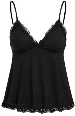GORGLITTER Damspagettitopp babydolltopp med spets linne sommartoppar, svart, XL