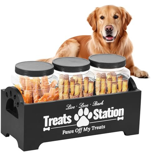 Dandelionsky Dog Treat Container with 3 Dog Treat Jars, Cute Wooden Dog Food Storage Container, Farmhouse Cat Food Container Pet Food Storage Organizer for Dog, Cat, Small Animal (black-3 jar)