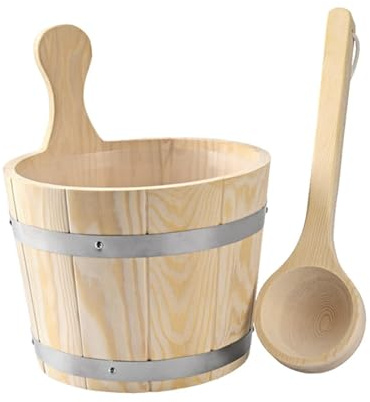 Dualoai Sauna Bucket and Ladle Set, 5L All Purpose Bathroom Supplies Multipurpose Wooden Sauna Barrel Wooden Bathing Tool Barrel for Home