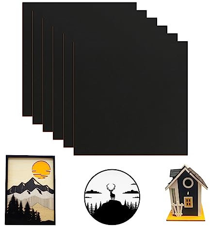 ATOMSTACK 6 Stück Schwarz lasergravierte Holzplatten Beidseitig gefärbtes MDF-Sperrholz, Stärke 3 mm, 300 * 300 mm, für Gravur, Schnitztechnik, Bemalung und Dekoration Weihnachtsholzplatten