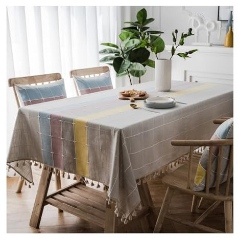Skcess Tischdecke 140x180CM, Polyester Tischtuch Karomuster Mit Quaste Mehrfarbig Tablecloth Rechteck für Wohnzimmer, Esszimmer, Balkon, Garten