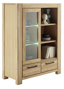 Highboard >SILIAS< Kombi-Highboard aus massiver Wildeiche mit Glastür, Schubladen und offenen Fächern, optionaler Beleuchtung, FSC-Zertifiziert, Maße: 109x140x45 cm