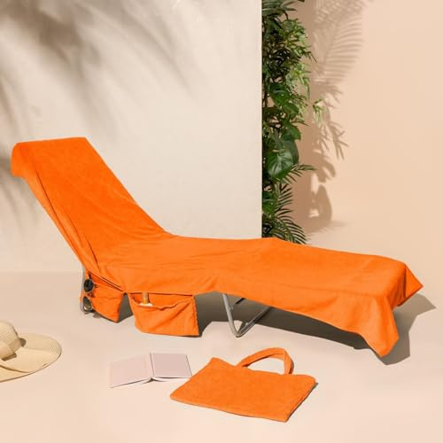 Brentfords Sun Lounger Towels with Pockets, Microfibre Large Beach Towel in a Bag Sun Lounger Holiday Accessories Swimming Pool Quick Dry Travel Towels Summer Holiday Essentials - 215x75cm, Orange