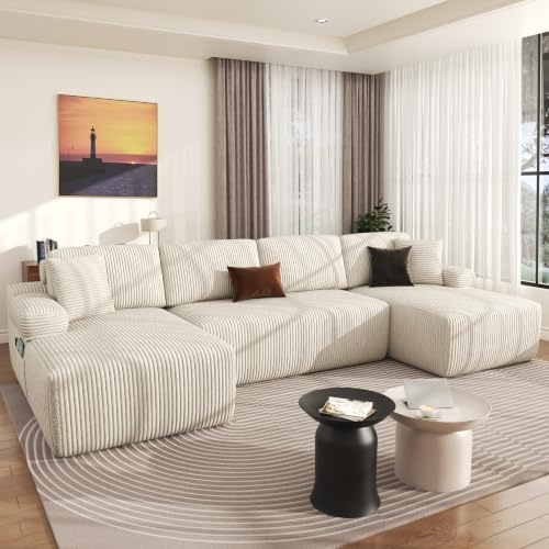 DURASPACE 320cm U Shaped Sofa with Chaise, Modular Boneless Comfort Sectional Sofa Couch, Modern Corduroy Deep Seat Couch, Convertible 4-Seater for Living Room (Beige)