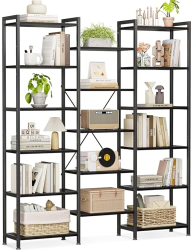 Coleshome 6 Ebenen Bücherregal, Industrie Raumteiler 177x126cm Schwarz | Regale 3 Reihen 6 Ebenen 17 Ripiani Kippschutz Raumteiler Ideal zum Präsentieren Bücher Pflanzen Deko Wohnzimmer Büro