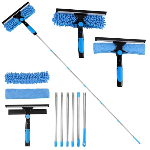 Professional Window Squeegee Cleaner Set, 2 in 1 Shower Squeegee with Extension Pole, 100‘’ Long Handle Extendable Telescopic Glass Cleaner Brush for High Window for Home, Shower Glass, Car, RV (Blue)