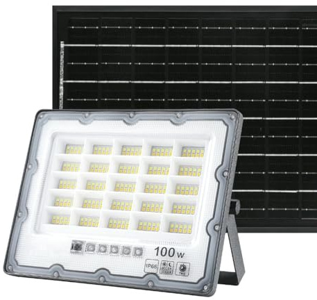 Proyector LED Solar 100W IP65 Gris, alta eficiencia, resistente al agua; ideal para iluminación exterior y seguridad.