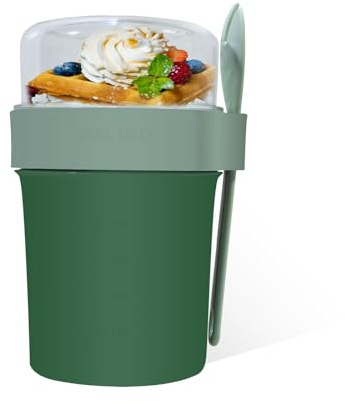 Symagalbst Müslibecher to Go 560 ml + 230 ml, Müsli to Go Becher mit Löffel, Soßenbox, Auslaufsicher Joghurtbecher für Kinder & Erwachsene, BPA-frei (grün)