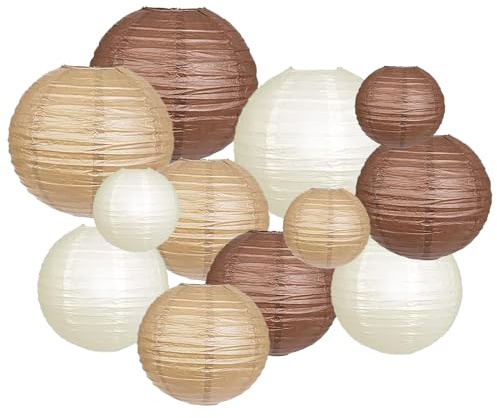 ZYOOO 12pcs Paper Lanterns,15/20/25cm Round Hanging Paper Lanterns Decoration for Birthday Party,Boho Wedding,Baby Shower,Autumn Garden Decoration(Brown)