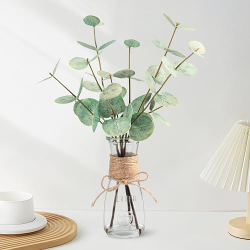 WOHSEROM Artificial Eucalyptus Stems in Glass Vase with Faux Water, 15 Small Bathroom Greenery with Double-Sided Green Leaves, Farmhouse Office Decor, Realistic Fake Plant Wedding Centerpiece
