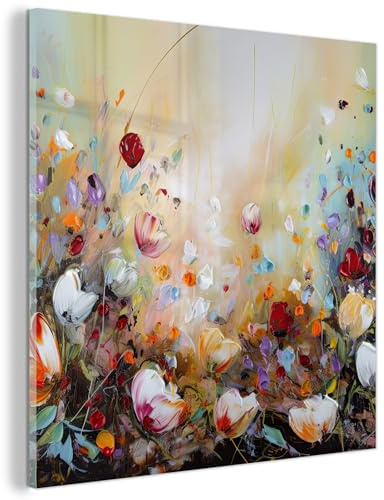 MuchoWow© Glasbild 40x40 cm Wall Art Decoration Bilder für die Wand Schlafzimmer Deko Canvas Painting Wanddekoration Wohnzimmer Ölfarbe - Blumen - Bunt - Natur