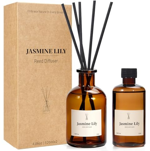 Reed Diffuser Set, 8.12 fl.oz Jasmine Lily Scented Diffuser with 10 Reed Sticks, Up to 120 Days, Home Fragrance Reed Diffuser for Bathroom Office Shelf Decor & Air Fresheners, 2 Pack