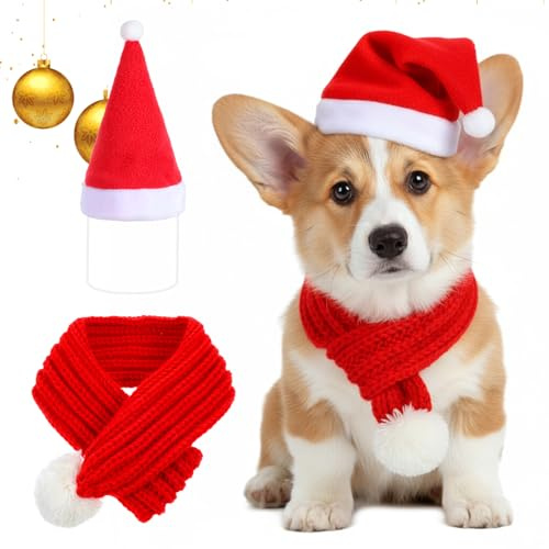 Weihnachtsmütze und Schal Set, Rot Weihnachtsmütze Hunde Katzen Schal, Haustier Weihnachtskostüm, Weihnachten Katzenkostüm Hundekostüm für Kleine Mittlere Große Hunde Katzen Geschenke Weihnachten (L)