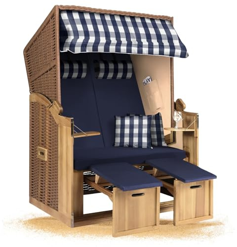 Strandkorb Hanse Strandkorb Ostsee XXL Volllieger Blau - 2-Sitzer 120cm breit, ideal für Garten, Terrasse und Balkon (Blau Weiß Kariert Uni, zerlegt)