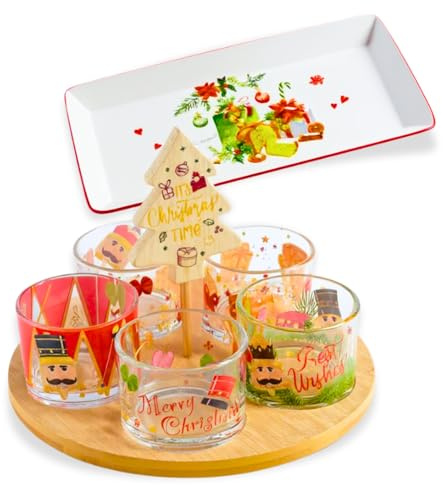Plat Aperitif et Plateau De Service de Noël en Porcelaine - Set Aperitif Premium avec Plateau en Bois, 5 Verrines et Plat en Céramique Inclus - Vaisselle de Noël pour Table Festive