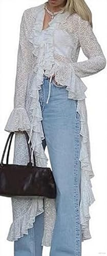 Betrodi Women Lace Floral Long Cardigan Sheer Mesh Long Sleeve Ruffled Flowy Maxi Top Lightweight Elegant V Neck Shirt Cover Up (Elegant White, L)