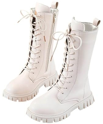 Kuxiadan Girls Knee High Boots Mid Calf Combat Boots Fleece Lined PU Leather Boot Waterproof Fall Winter Lace Up Side Zipper Punk Goth Boot Solid Color Shoes for 4-11 Years for Autumn and Winter