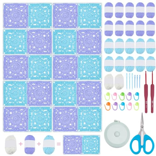 WEBEEDY Crochet Granny Squares Blanket Kit for Beginners, Crochet Blanket Starter Set with Video Tutorials, Crochets Yarn, Hook for Adults Easy Knitting Christmas Decor Gifts (Blue)