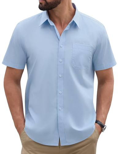 TOMEEK Camicia Uomo Maniche Corte Camicie Estiva Casual Camicie Elegante Camicia Regular Fit Business con Bottoni e Tasche Colore Solido Camice(Blu,M)