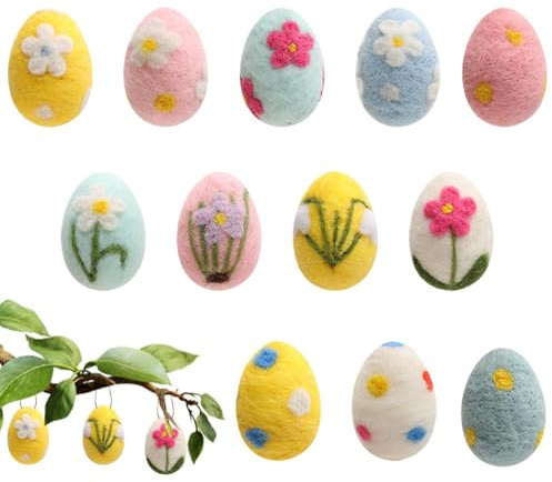 12 Stück Filz Ostereier Zum Aufhängen, Mini Ostereier Mit Blumenmotiv, Filz Eier Ornamente Osterdeko Für Osterbaum Frühlingsdeko Heims Party Innen Draußen