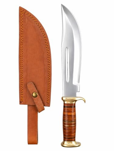Tatla Handmade Large Crocodile Dundee Bowie Knife with Leather Sheath Big Survival Fixed Blade Knife with Leather and Horn Handle for Outdoor Camping Knives For Men 36.5cm Gesamtlänge