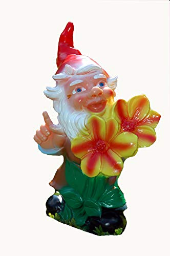 Frankenland Design Gartenzwerg mit Veilchen als Gärtner, 34 cm Gross Kunststoff Made in Germany