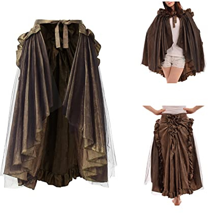 BLESSUME Mantello Medievale Steampunk Vittoriano Volant Gonna Trambusto (Marrone)