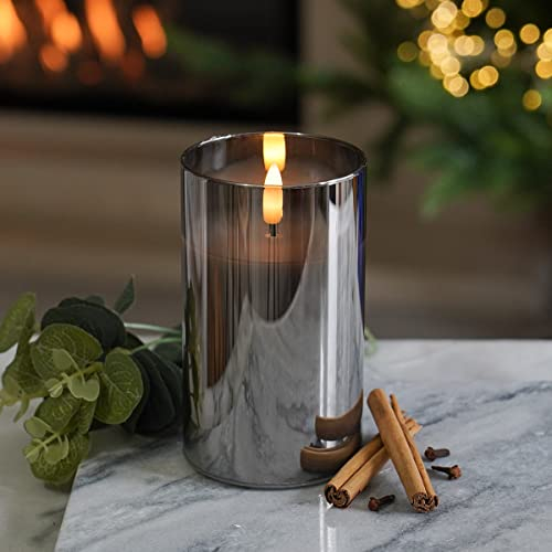 Festive Lights 12,5cm LED Echtwachs Kerze im Rauchglas Zylinder LED Kerze mit Timerfunktion Kerze im Glas grau Batteriebetriebene Kerze mit Timer