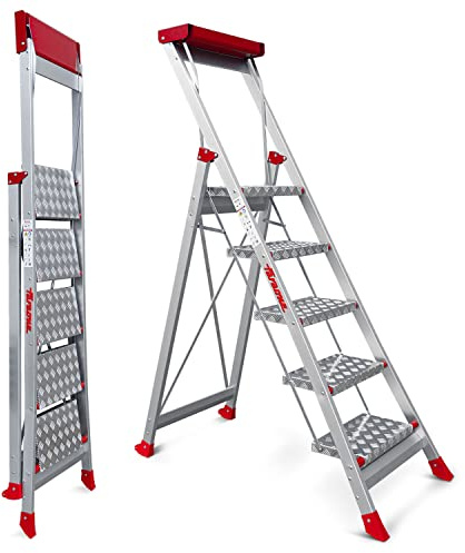 Faraone - Taburete Alto de Aluminio SGP05 - con 5 Peldaños - 177x57x15 cm - Plegable y Ligero - Ideal para Trabajos en Altura - Peso Soportado de 150 kg - Peldaños Antideslizantes