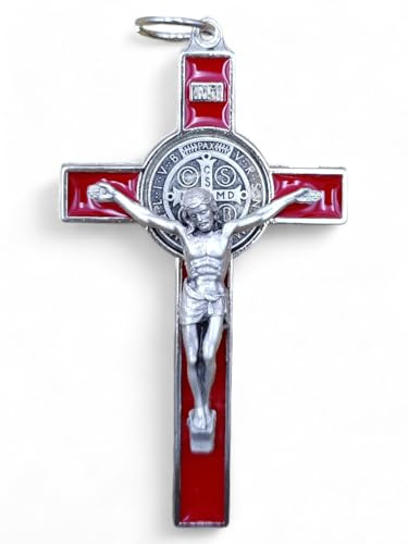 La Balestra Crucifijo para collar, cruz de San Benito Made in Italy – Colgante artesanal crucifijo chapado en plata 999 – Medalla San Benito de plata chapada