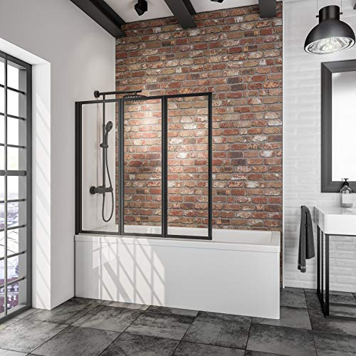 Schulte pare baignoire 127 x 121 cm, noir, 3 volets pivotants (47+40+40), à coller fixation sans perçage, écran réversible rabattable, verre de sécurité 3 mm transparent, joint d'étanchéité