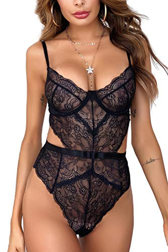EVELIFE Body Donna Sexy Pizzo Lingerie Babydoll Uno Pezzo Teddy Lingerie Intima da Notte (Nero, L)