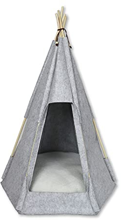 jilda-tex Tipi Zelt für Haustiere Hunde Katzen Bett Filou Hütte Filz mit Kissen Holzgestell Verschiedene Größen/Farben (90x65x57 cm, Hellgrau)