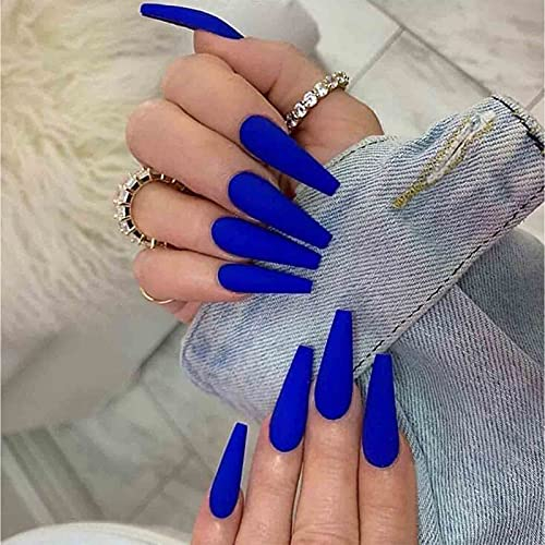 Yheakne Extra Long Coffin Press on Nails - Ballerina Blue Matte French Clip on Punk Luxury Art - Full Cover Acrylic Artificial Nails for Women and Girls - 24Pcs (Blue)