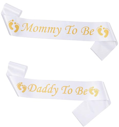 SUpoetry 2 Stück Baby Shower Schärpe, Mom to be Schärpe Gold, Daddy to be Schärpe Gold, Weißer Werdende Eltern Schultergurt Babydusche Schärpen, Mother-to-be Gift Baby Welcome Party Decorations