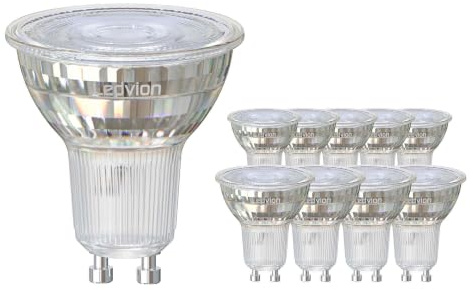 Ledvion - 10X GU10 LED Lampade, 5W, 4000K, 345 Lumen, Full Glass, Illuminazione