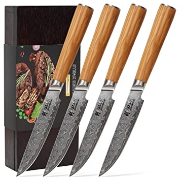 Wakoli Oribu Damast Steakmesser-Set 4-teilig | 12,5 cm Klinge aus 67 Lagen Damaststahl mit AUS-10-Kern | Ergonomische Olivenholzgriffe | für Steak & Fleisch | in Holzbox für Hobby- & Profiköche