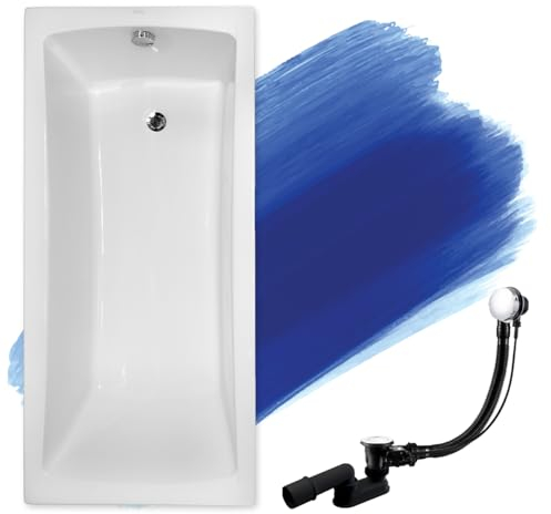 BADLAND Badewanne Original Weiß Acryl Wanne Rechteck OPTIMA 150x70 KOMPLETTSET SET + Füßen und Exklusive Chrom Automatik Ablaufgarnitur Made in EU 3in1