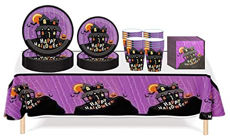 Halloween Kit Vaisselle de Fête 16 Invités,Assiettes Carton Jetable Tasses Serviettesr en Papier et Nappe Plastique,Vaisselle Recyclable Kit Violette Decoration Halloween Fournitures de Fêtes
