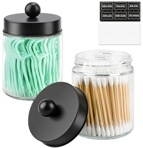 Goramio 2 Pack Glass Apothecary Jars with Lids for Bathroom, Cute Qtip Holder, Black Bathroom Accessories Set, Small Bathroom Canisters with Lids for Q-Tips, Cotton Swabs, Black Bathhouses Decor
