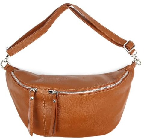 Italy Damen echt Leder Tasche Brusttasche Crossbody Schultertasche Umhängetasche Gürteltasche Crossover Ledertasche Slingntasche Unisex Bag Cognac L