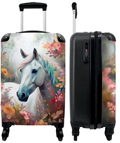 NoBoringSuitcases.com® Kinderkoffer Koffer Mädchen Trolley Handgepäck Hartschalenkoffer Klein Geschenk - Kinder - Pferde - Weiß - Kinder Koffer Madchen Koffer klein, 55x40x20