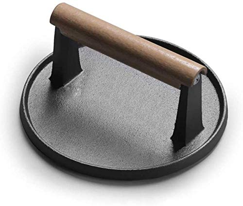 7 Inch Bacon Press with Wooden Handle, Cast Iron Round Grill, Burger Presser Patty Press, Uncoated Grill Press, Black