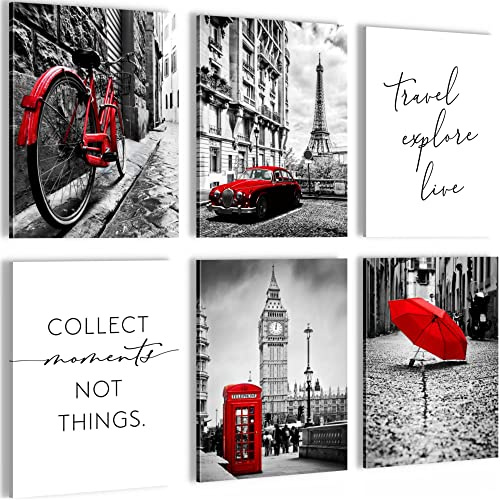 Novart Wandbilder - KEIN EXTRA RAHMEN BENÖTIGT - Wohnzimmer Schlafzimmer - Bilder Modern London Paris Städte - Schwarz Rot - N024565a