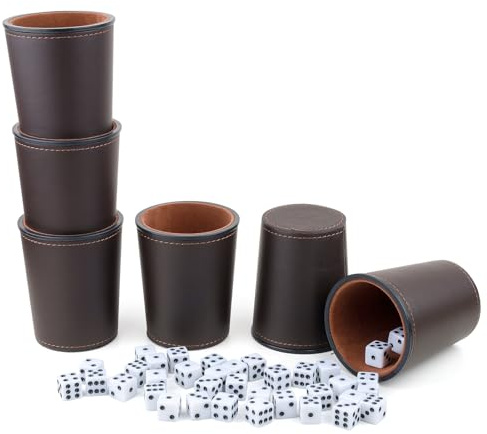 RERIVER Felt-Lined PU Leather Dice Cup Set, 6 Quiet Dice Shaker Cups with 36 Dices for Bar Party Yahtzee Farkle Dice Games, Coffee