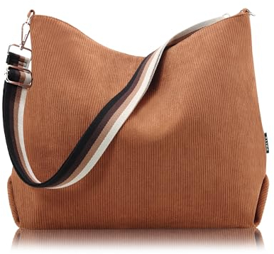 Prite Shopper Tasche Damen Groß Cord Tasche Tote Bag mit Verstellbarem Schultergurt für College Schule Arbeit Reisen Einkaufen（Braun）