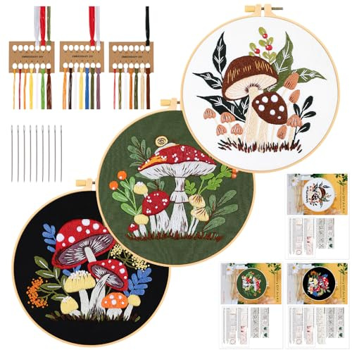 JSRQT 3 Stücke Stickerei Starter Kit,Pilz Stickerei Kreuzstich Set Kit für Erwachsene Anfänger,Gestempelten Embroidery Set für DIY Kunst Handwerk