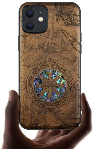 Carveit Étui Magnétique pour iPhone 12 Coque Luxe Cover [Bois et Incrustation de Coquille] Etui Compatible Magsafe avec Apple 12 Case (Noyer-Bouclier Viking)