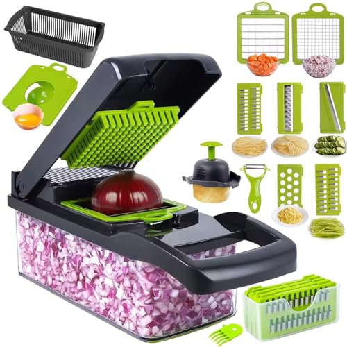 Mandolina 16 in 1 - Tagliaverdure multiuso con lame intercambiabili, grattugia, affettatrice, tritatutto e accessori di sicurezza, ideale per frutta, verdura, insalate e altro
